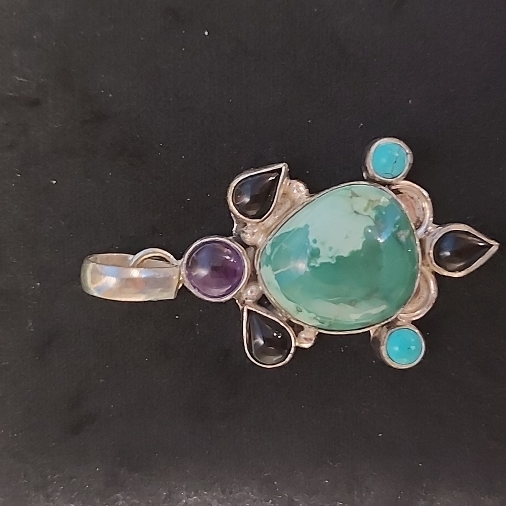 Sterling Silver 925 Green Turquoise Variscite Amethyst Multi Stone Pendant